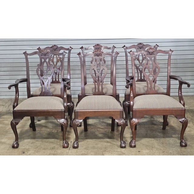 Store Item: Set of 6 Stickley Chippendale Mahogany Carved Dining Chairs Claw & Ball Feet Description: Set features 2 arm...