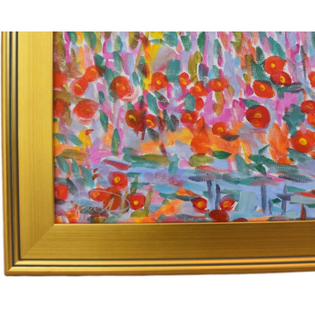 Abstract, impressionistic canvas painting of a field of red and orange poppy flowers, with soft vertical brushstrokes in...