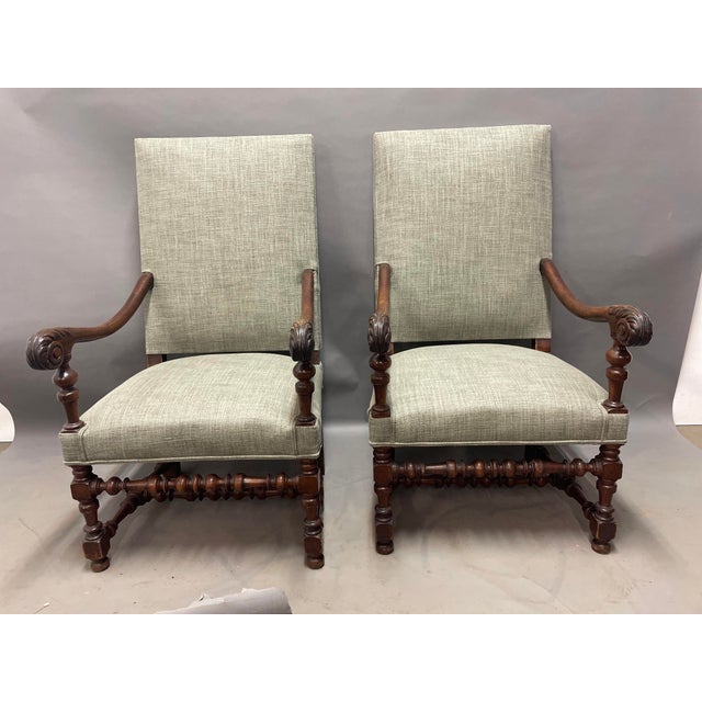 Tan French Louis XIV Lounge Chairs in Walnut, Set of 2 For Sale - Image 8 of 9