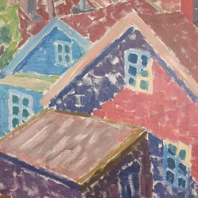 Violet 1950s Mid Century Swedish Modernist Cityscape Oil Painting by G. Axelsson For Sale - Image 8 of 18