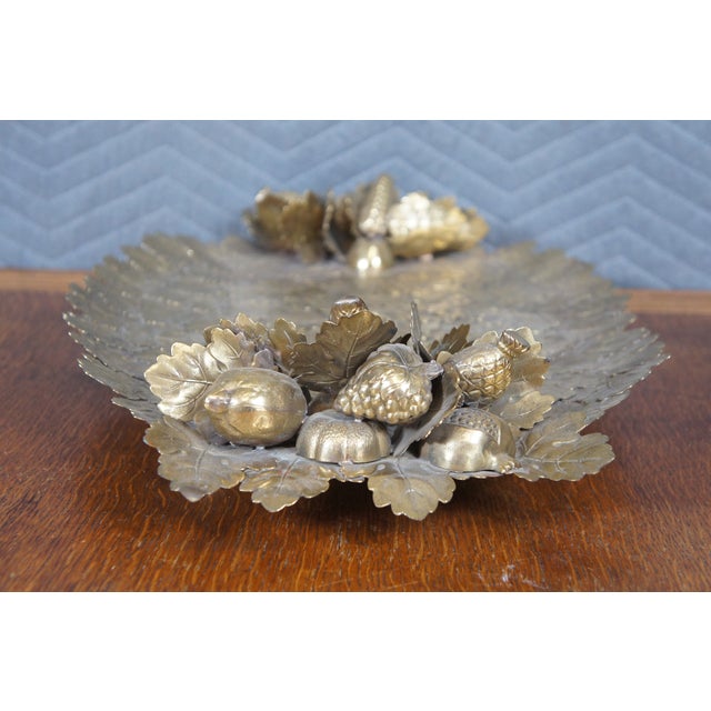 Brass Late 20th Century Neiman Marcus Brass Repousse Leaves Fruit Serving Tray & Candle Holders, Italy- 3 Pieces For Sale - Image 8 of 12