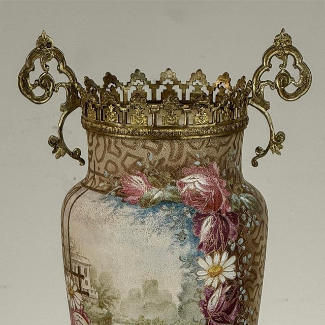 Bronze Pair of 19th Century French Gilt Bronze Mounted Hand-Painted Porcelain Vases by Royal Bonn For Sale - Image 8 of 18