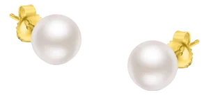 14K Yellow Gold Round White 7.5-8.0MM Saltwater Akoya Cultured Pearl Stud Earrings AAA+ Quality - 2 Pieces