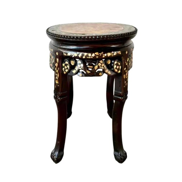 Chinese Chinese Rosewood and Mother-of-Pearl Inlaid Marble Top Plant Stand For Sale - Image 3 of 16