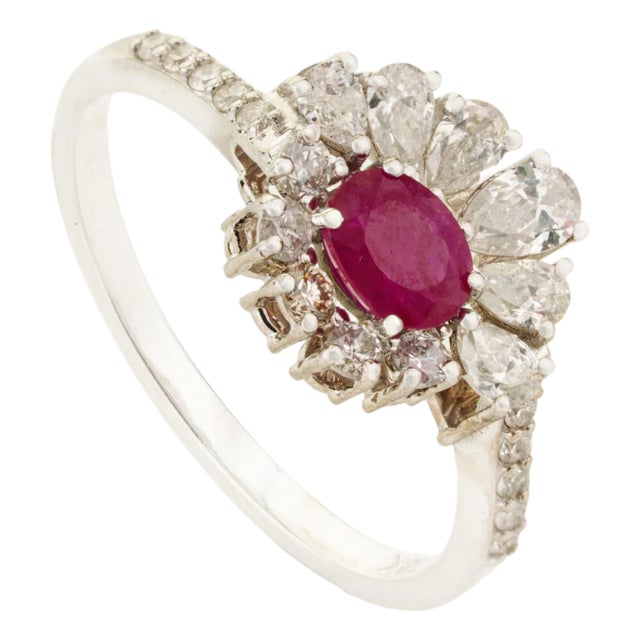 18k Gold Mozambique Natural Ruby & Diamond Floral Halo Cocktail Ring Size 6 For Sale