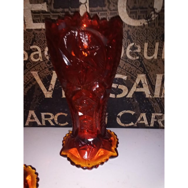 American Pair of Nortec Vases Le Smith Amberina Glass Red Orange Amber 1900's Iridescent Star For Sale - Image 3 of 3