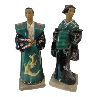 Samurai and Geisha in Tanagra Ceramic, Italy, 1930s, Set of 2 For Sale