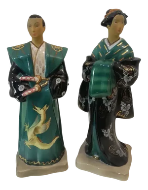 Samurai and Geisha in Tanagra Ceramic, Italy, 1930s, Set of 2