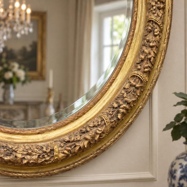 Wood 1970 Artisan Louis XVI Gold Beech Oval Wall Mirror For Sale - Image 7 of 10