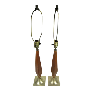 Pair of Mid 20th Century Laurel Attributed Mid-Century Modern Wood and Brass Table Lamps