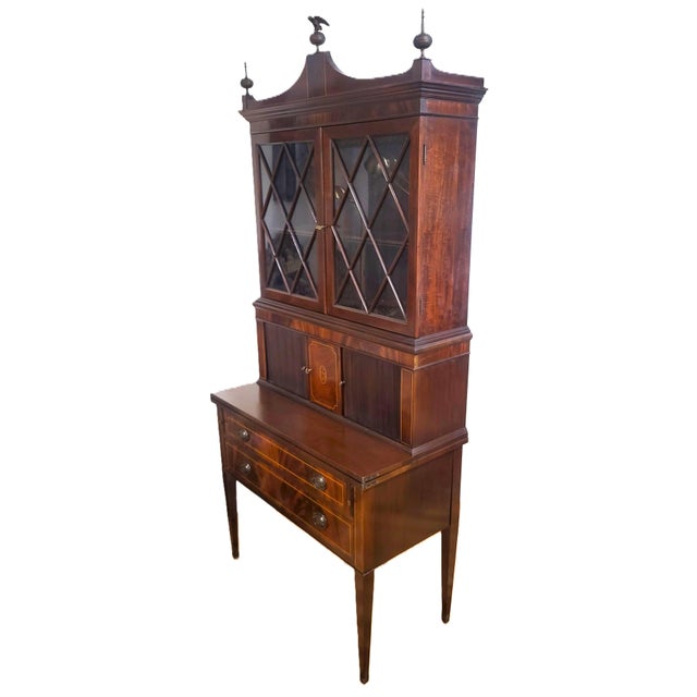 Antique 20th C American Hepplewhite Mahogany Tambour Door Secretary Desk Vitrine For Sale - Image 4 of 18