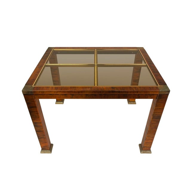 Rare 1970s Hollywood Regency Flamed Burl Wood, Copper, Brass, and Glass 4-Piece Table Set For Sale - Image 10 of 12