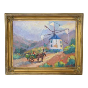 Silvio Silvestri, Listed Artist Landscape Holland Windmill Oil Painting W/ Gold Frame