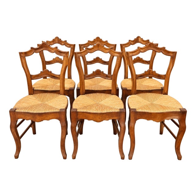 Louis Philippe Chairs with Carved Backs and Rush-Seated Straw Seats, 1890s, Set of 6 For Sale