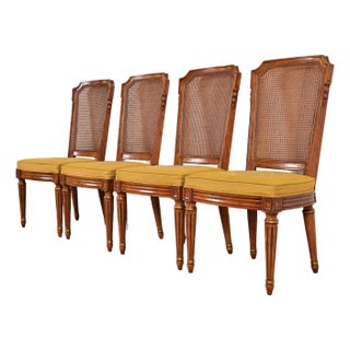Henredon French Regency Louis XVI Carved Walnut Cane Back Dining Chairs, Set of Four For Sale