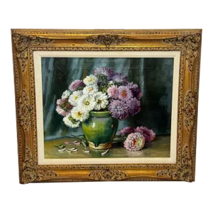 19th Century Oil Painting Flowers Chrysanthemums in Vase Emily Selinger 1848-1927, Framed