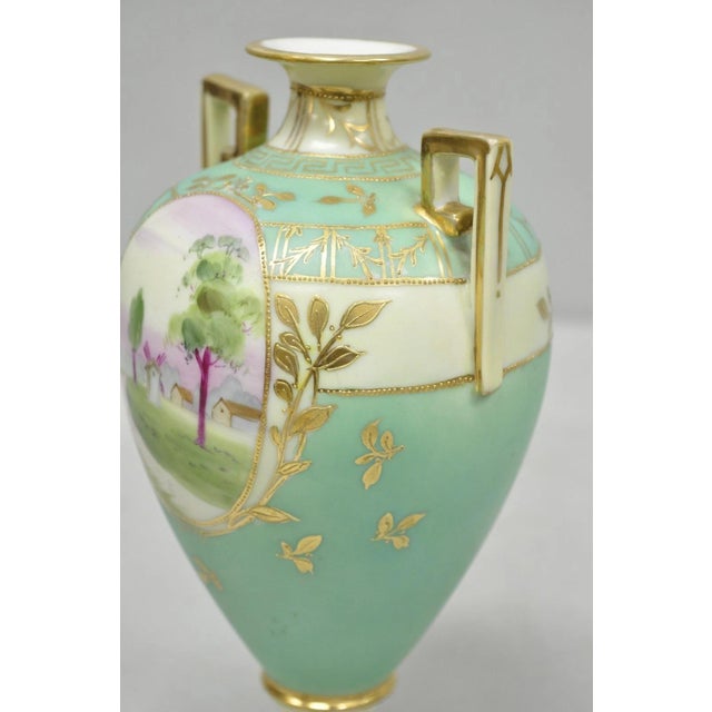 Ceramic Antique Nippon Porcelain Hand Painted Windmill Scene Green Small Bolted Vase (B) For Sale - Image 7 of 15