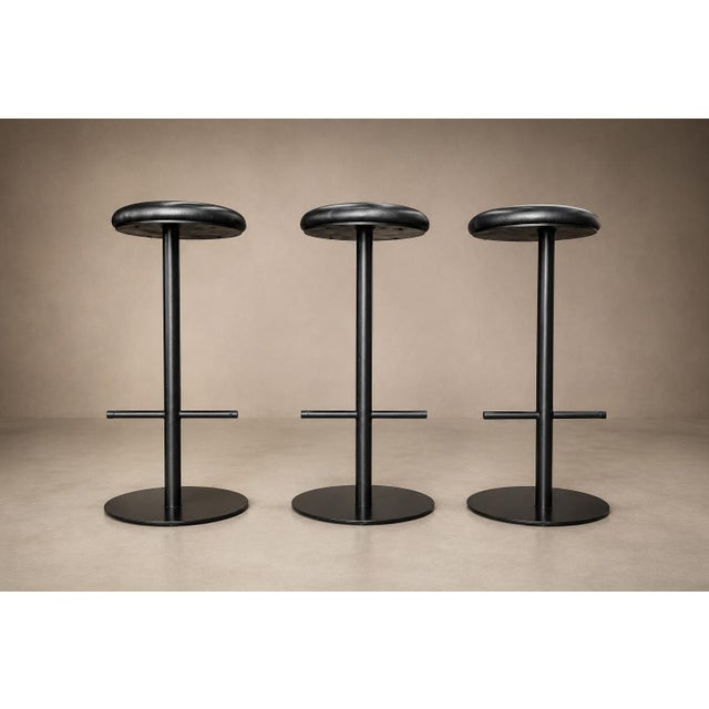 Ricardo Fasanello “Ciranda” Bar Stools in Black Carbon Steel and Original Leather, Set of Three, Brazil, 1986 For Sale - Image 18 of 18