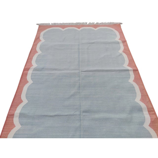 Handmade Cotton Pale Aqua, Cream and Red Washed Border Scalloped Rug - 6'x9' For Sale - Image 4 of 6