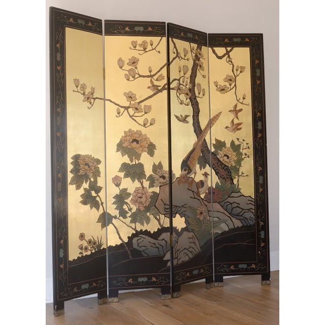 Chinese Vintage Asian Gold Leaf Coromandel 4-Panel Folding Screen With Birds in Nature Scenes For Sale - Image 3 of 18