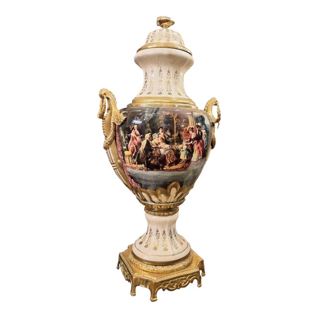 French Porcelain Vase With Romantic Scene & Gold Gilt Bronze Mounts For Sale