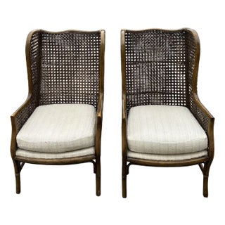 Pair of Vintage Boho Chic Double Cane Wing Chairs For Sale