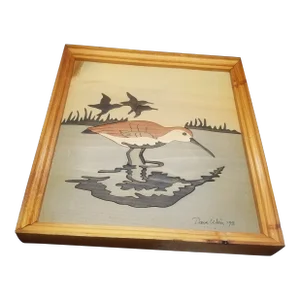 1993 Vintage Wood Inlay Marquetry Handcrafted Picture of "Sandpiper and Birds Flying" Framed Wood Art, Signed by Dave Weir