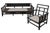A striking and rare 1950s Asian Modern sofa and lounge chair in the style of James Mont, featuring dramatic black faux-...