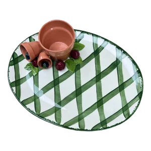 Contemporary Oval Tray Dip Salad Ceramic Serving Platter Plate CAlifornia Ceramic White Green
