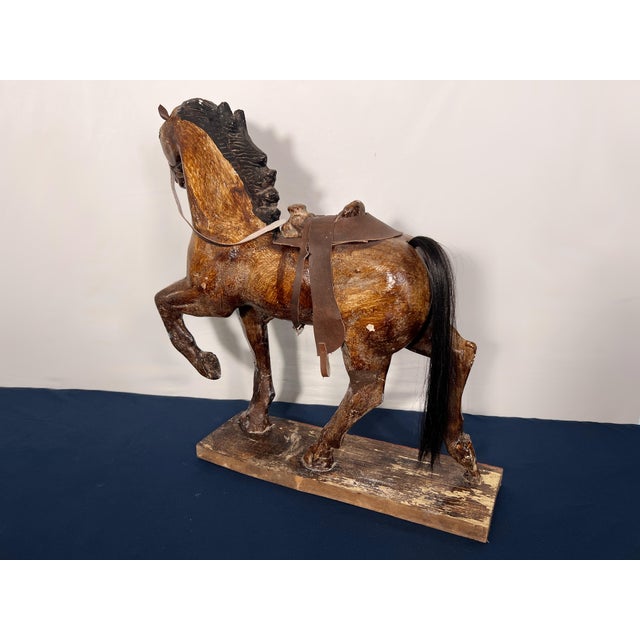 Antique American Folk Art Composition Plaster Horse With Leather Saddle & Horsehair Tail For Sale In Houston - Image 6 of 11