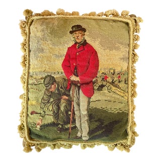 Vintage English Gentleman Golfer Needlepoint Pillow With Fringe For Sale