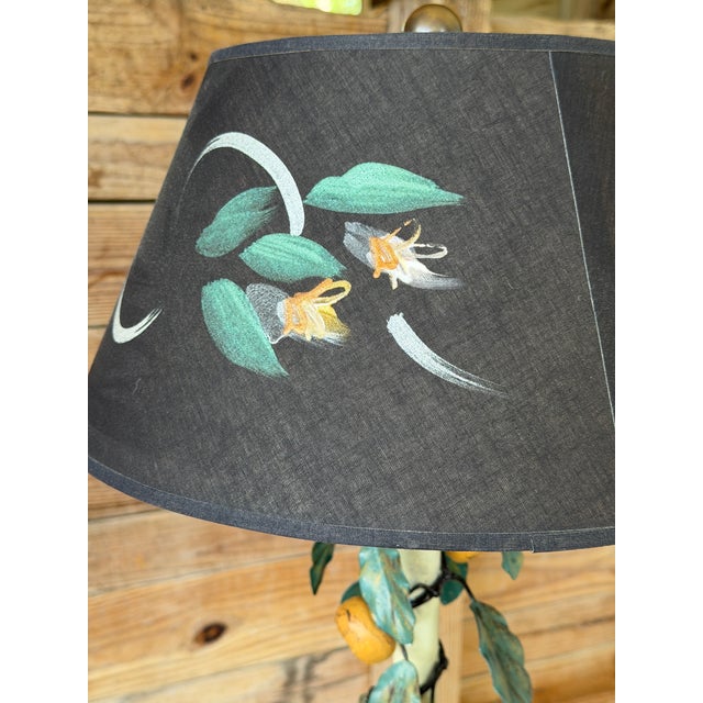 Dark Green Vintage Italian Tole Lemon Table Lamp by Sarreid With Hand Painted Signed Shade For Sale - Image 8 of 12