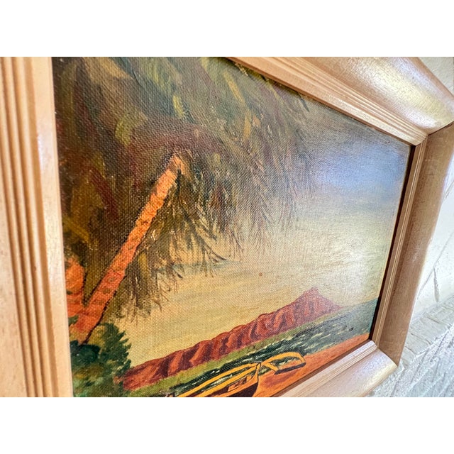 Vintage Set of 2 Tiki Oil Paintings W/Light Wood Frames - Signed For Sale - Image 6 of 7