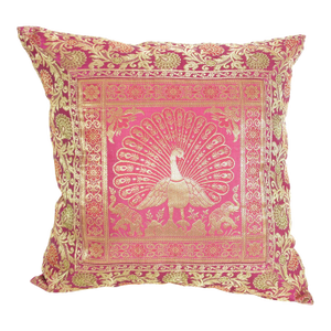 Hot Pink Silk Throw Pillow With Peacocks India