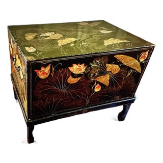 Antique Chinese Black Lacquered Chest With Painted Lotus Flowers For Sale