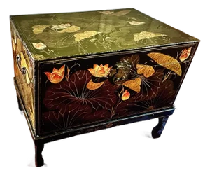 Antique Chinese Black Lacquered Chest With Painted Lotus Flowers