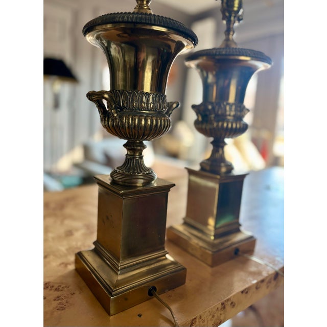 Late 20th Century Classical Heavy Brass Urn and Pedestal Lamps - a Pair For Sale - Image 4 of 9
