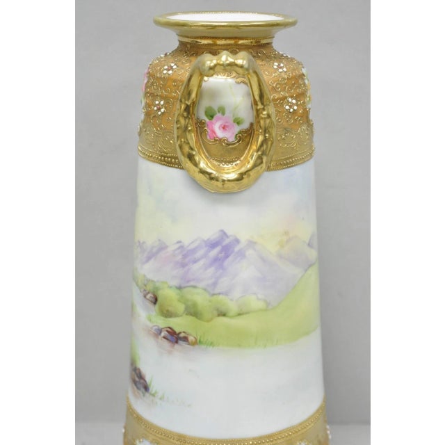 Gold Antique Nippon Hand Painted Lake Scene Art Nouveau Twin Handle Porcelain Vase For Sale - Image 8 of 15