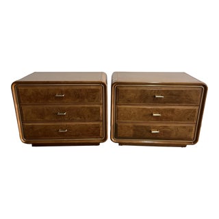 American of Martinsville Waterfall Nightstands with Burlwood and Brass Trim - a Pair For Sale
