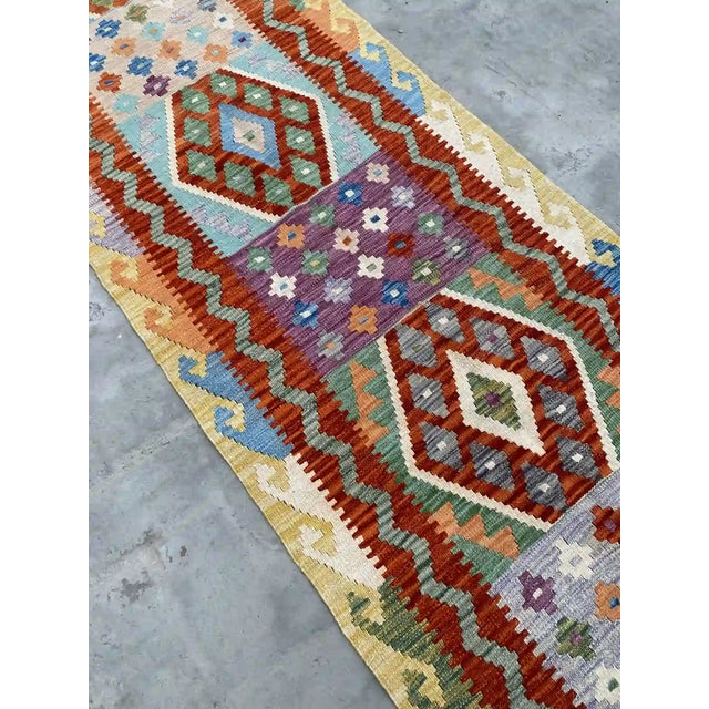Islamic Vibrant Hand-Woven Kilim Runner Rug With Geometric Patterns For Sale - Image 3 of 10