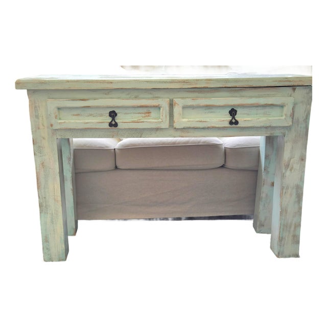 Mexico Painted Rustic Distressed Light Green Blue Aquamarine Entryway Console Table For Sale