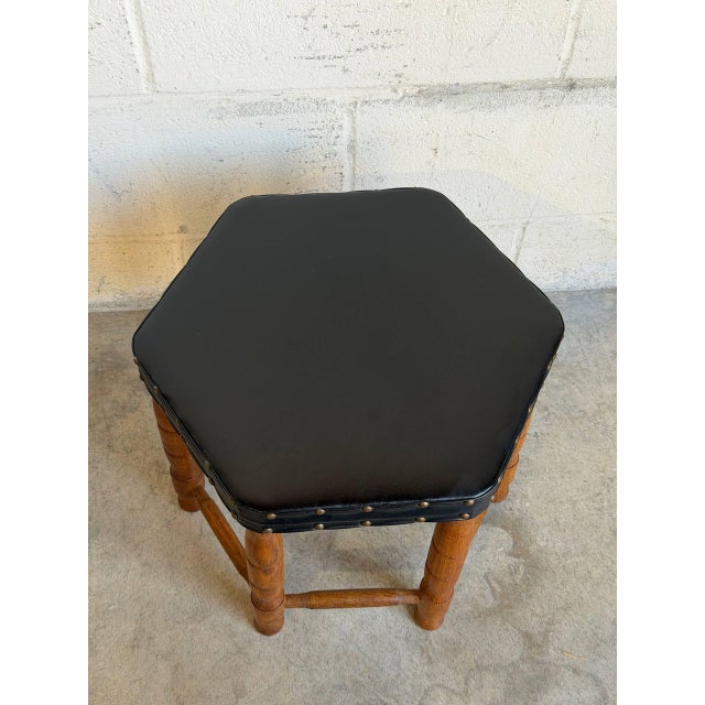 Black Leather Hexagonal Ottoman With Wooden Legs Danish Mid-Century Modern 1970s For Sale In Los Angeles - Image 6 of 9