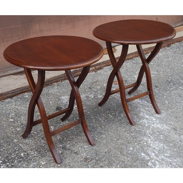Pair Late 20th Century Folding-Form Mahogany Butler Wine Tables or Candle Stands For Sale - Image 4 of 11