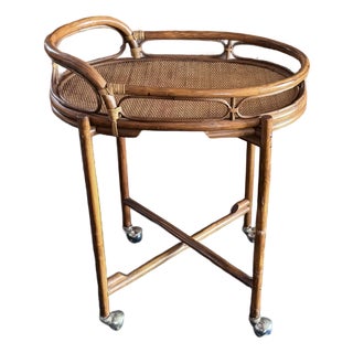 Mid Century Bent Rattan and Wicker Bar Cart With Removable Rattan and Wicker Tray For Sale
