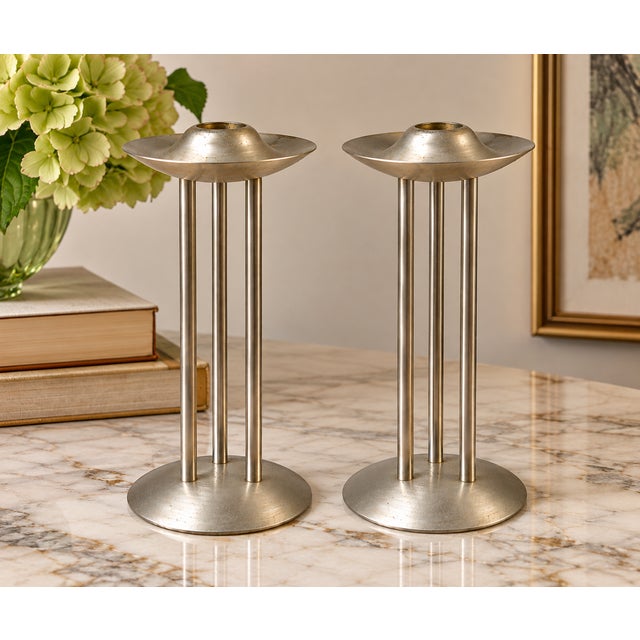Mid-Century Modern Vintage Georg Jensen Denmark Candle Holders – Pair of Scandinavian Modernist Metal Candlesticks, Danish Mid-Century Style, 23 Cm For Sale - Image 3 of 3