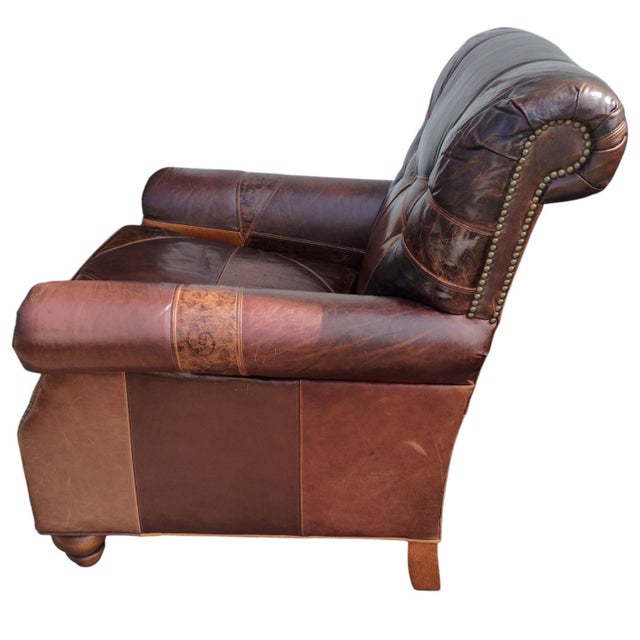 1980s Stunning 3-Piece Seating Set: Paul Robert Patchwork Leather Club Chairs & Pottery Barn Ottoman For Sale In Raleigh - Image 6 of 12
