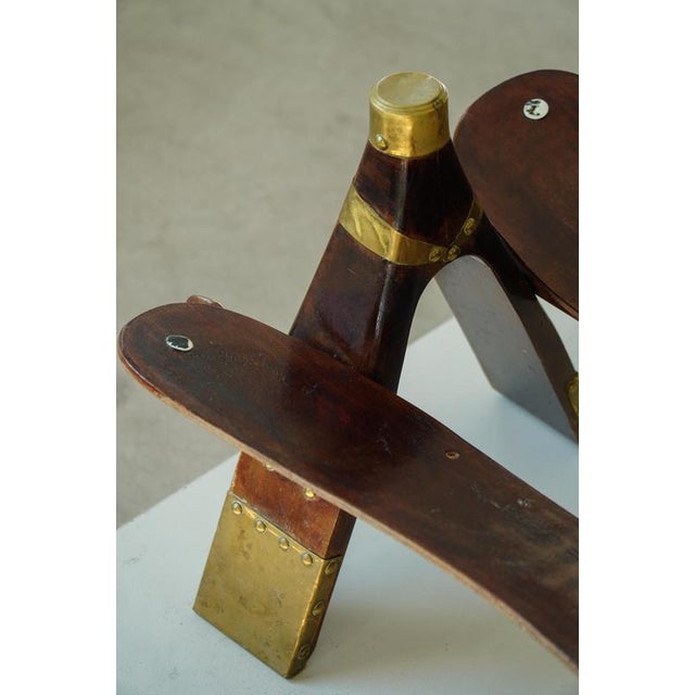 Moroccan Camel Saddle Stool in Stained Wood, Brass and Leather, North Africa, 1980 For Sale - Image 16 of 18
