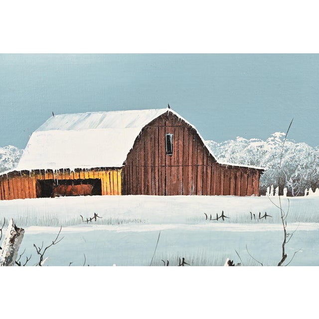 Late 20th Century Original Artist Signed "Barn in Snowfall" Oil Painting on Canvas in Carved Wood Frame For Sale - Image 5 of 13