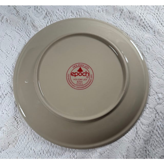1980s Epoch “Holiday Joy” Dinner Plate - Red Band, Quilted Xmas Tree, Gray Stars & Toys, People For Sale - Image 4 of 5
