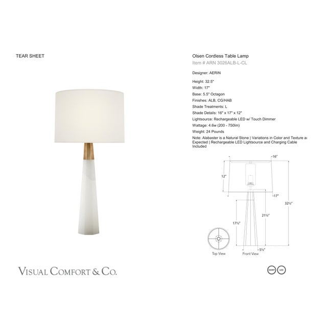 AERIN by Visual Comfort Signature Olsen Cordless Table Lamp in Alabaster with Linen Shade Designer: AERIN Height: 32.5"...